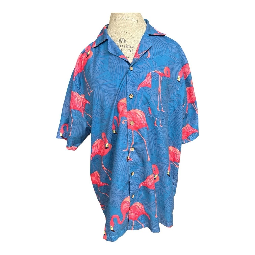 Uzzi Amphibious Gear Shirt L Flamingos Graphic Aop Button Blue Pink Polyester